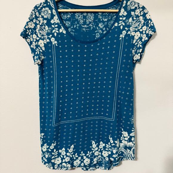Lucky Brand Women's Top Small Blue Boho Linen Floral Print Short Sleeve Hippie - Picture 1 of 10